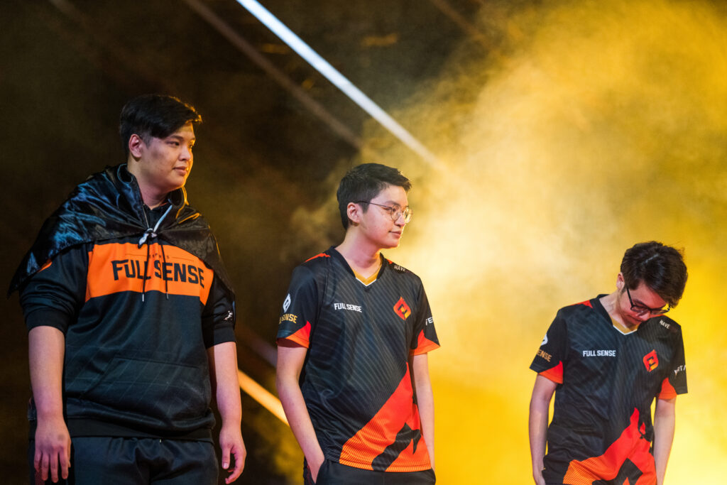 POTSDAM, GERMANY - DECEMBER 5: (L-R) FULL SENSE's Nattawat "SuperBusS" Yoosawat, Kititkawin "PTC" Rattanasukol and Chanawin "JohnOlsen" Nakchain make an entrance at the VALORANT Champions Groups Stage on December 5, 2021 in Potsdam, Germany. (Photo courtesy of Michal Konkol/Riot Games)